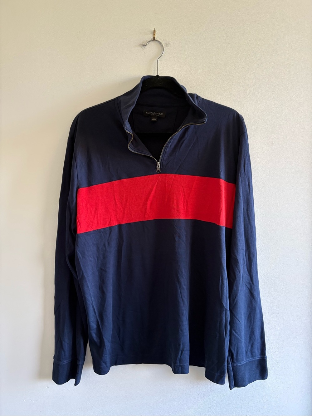 Banana Republic Navy Blue Quarter-Zip Sweater with Red Chest Stripe size L